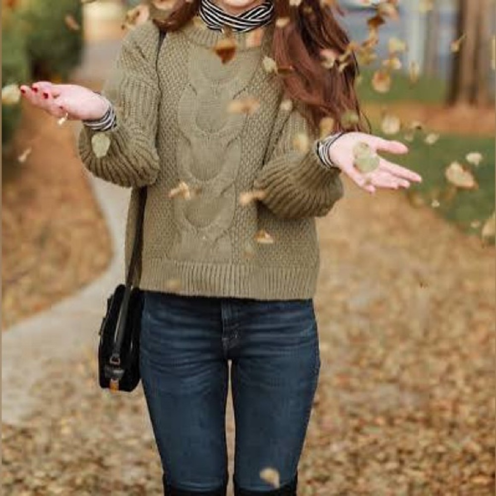 J. Crew Cable-knit Balloon Sleeve Sweater in Olive Green Size XS